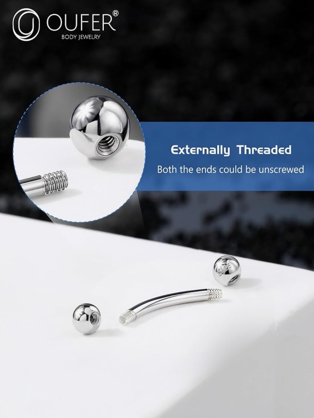 Unisex Curved Barbell Piercing Jewelry For Rook, Eyebrow, Labret, Others - Picture 4 of 7